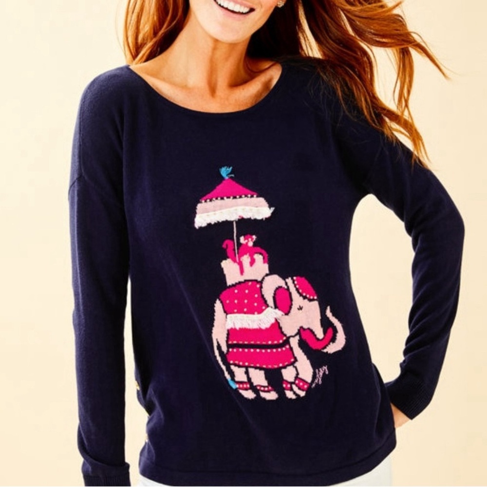 Lilly Pulitzer Caralynn Navy pink Elephant sweater M jewel details and fringe